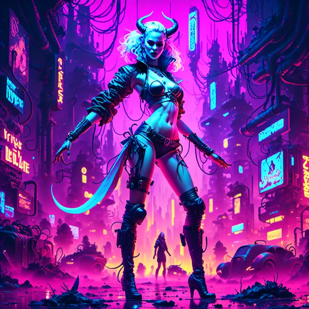 Prompt: a beautiful white female demon in a dynamic pose in a retro futuristic synthwave cyberpunk neon paradise in <mymodel> style.  neon lighting, synthwave, cyber, futuristic city atmosphere, art, illustrated, stylized. 