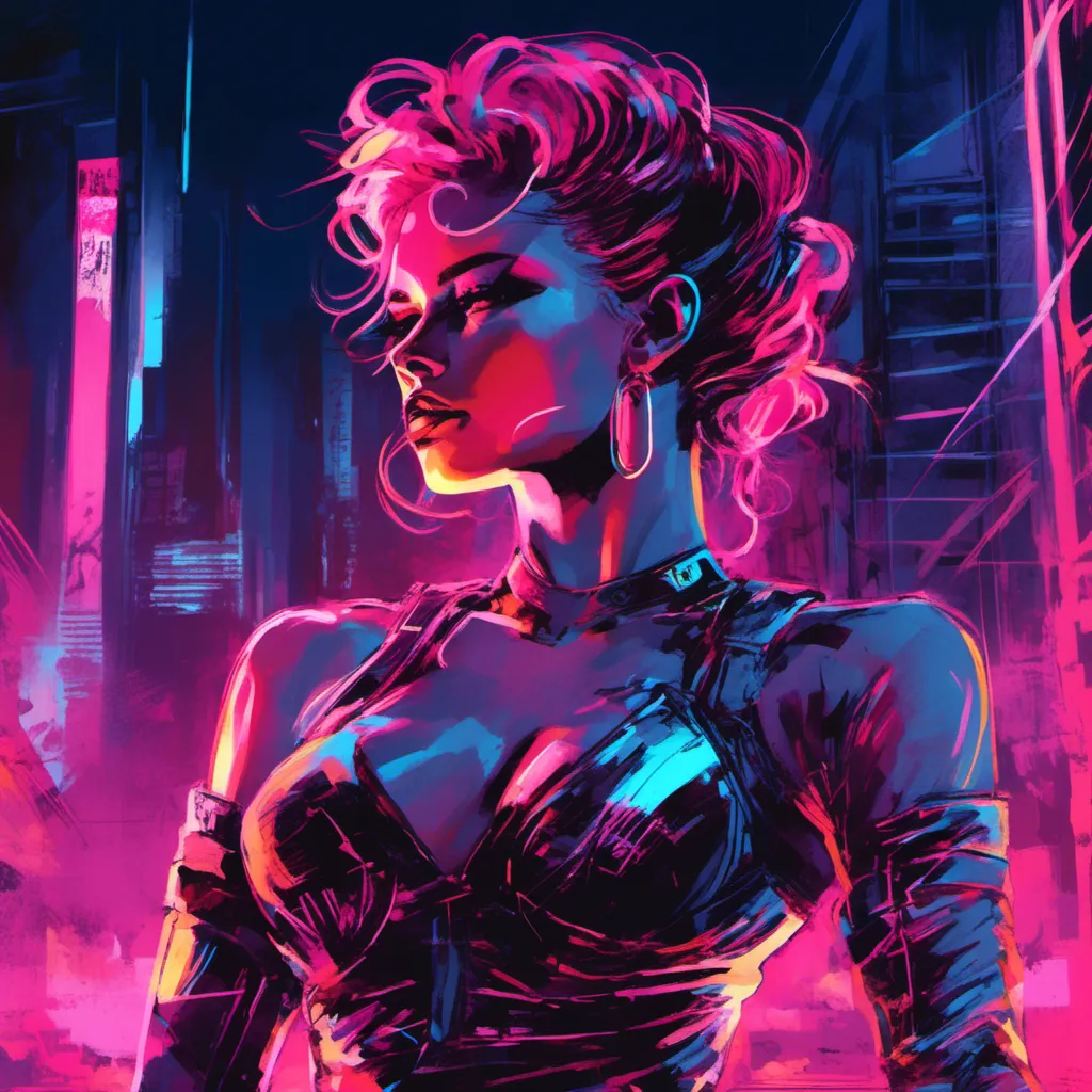 Prompt: Modern sumi-e speed style, dynamic brush strokes, a beautiful female demon in a dynamic pose in a retro futuristic synthwave cyberpunk neon paradise in <mymodel> style.  neon lighting, synthwave, cyber, futuristic city atmosphere, art, illustrated, stylized. 