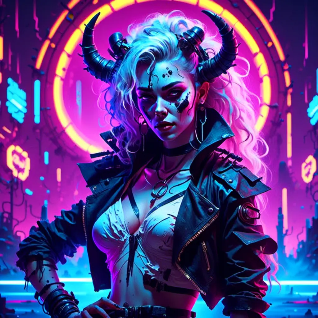 Prompt: a beautiful white female demon in a dynamic pose in a retro futuristic synthwave cyberpunk neon paradise in <mymodel> style.  neon lighting, synthwave, cyber, futuristic city atmosphere, art, illustrated, stylized. 