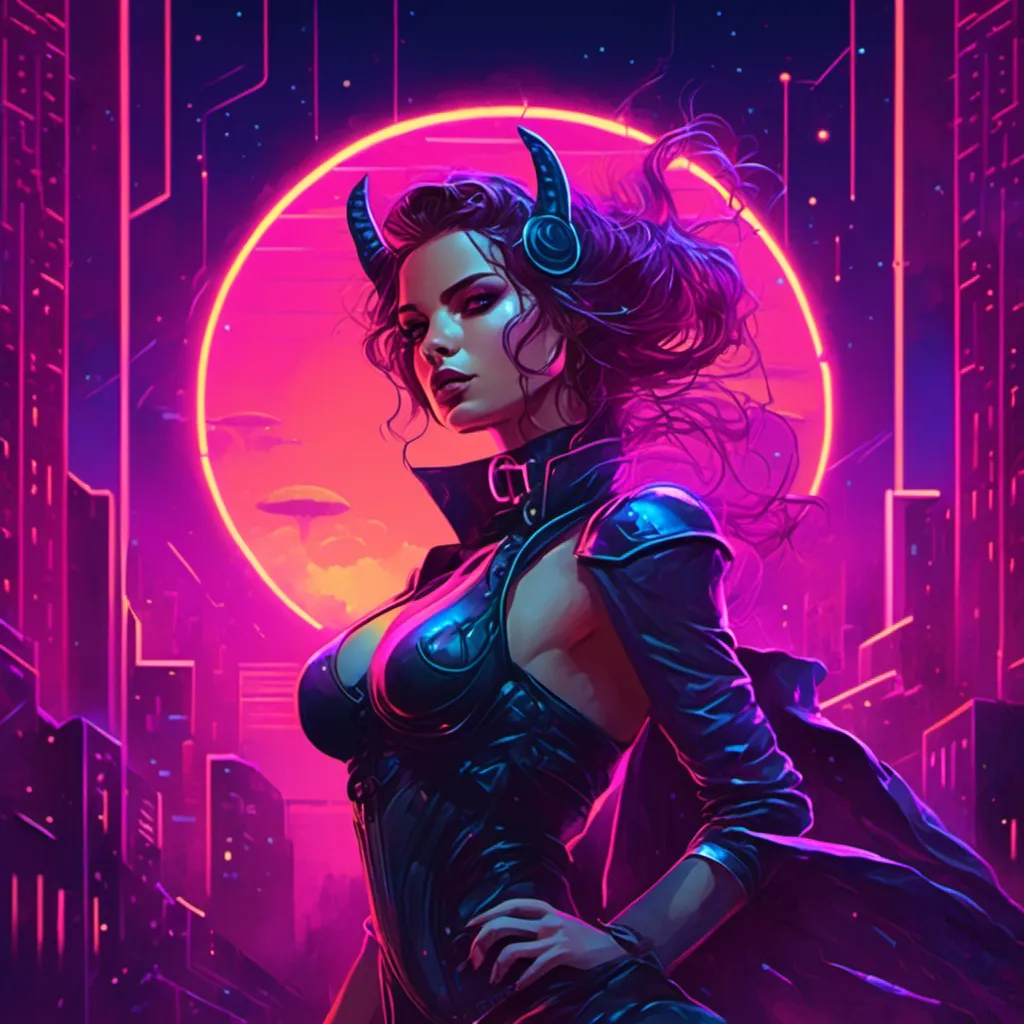 Prompt: a beautiful female demon in a dynamic pose in a retro futuristic synthwave cyberpunk neon paradise in <mymodel> style.  neon lighting, synthwave, cyber, futuristic city atmosphere. 