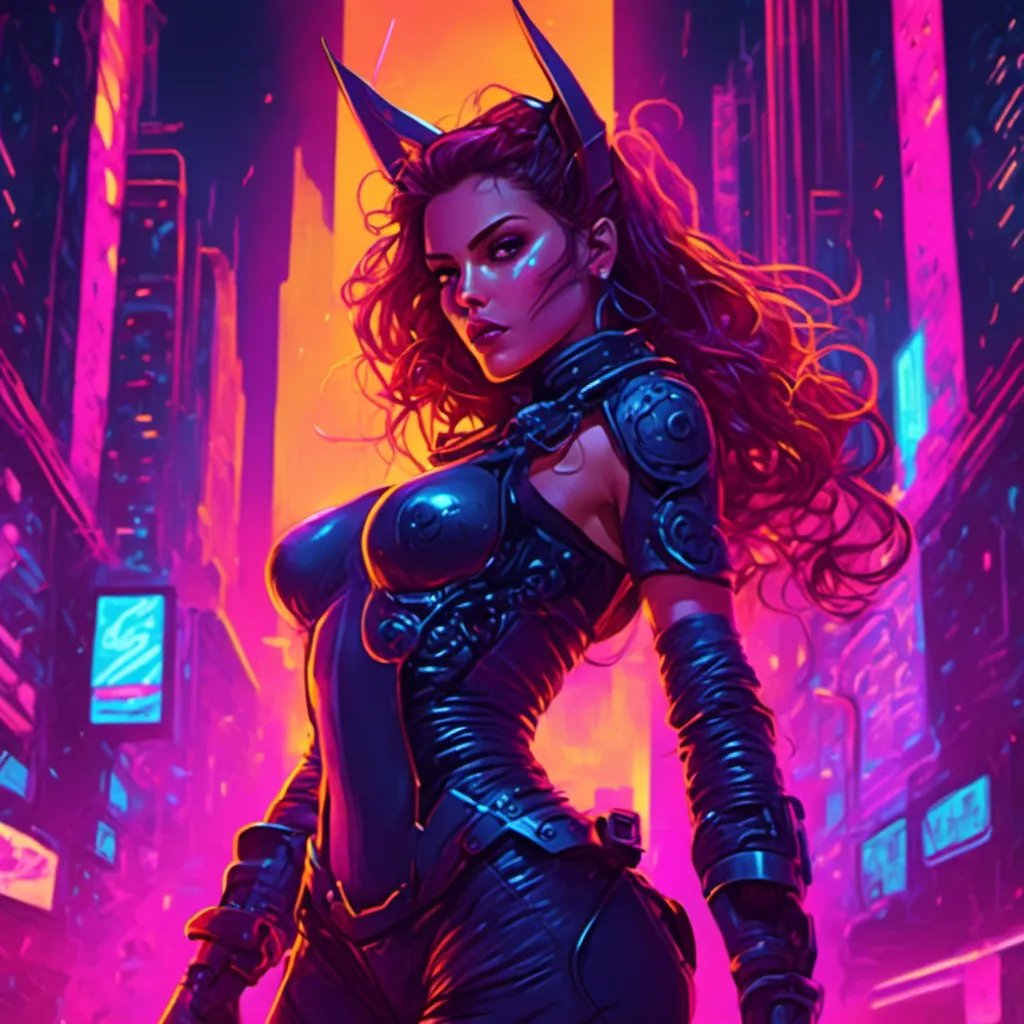 Prompt: a beautiful female demon in a dynamic pose in a retro futuristic synthwave cyberpunk neon paradise in <mymodel> style.  neon lighting, synthwave, cyber, futuristic city atmosphere. 