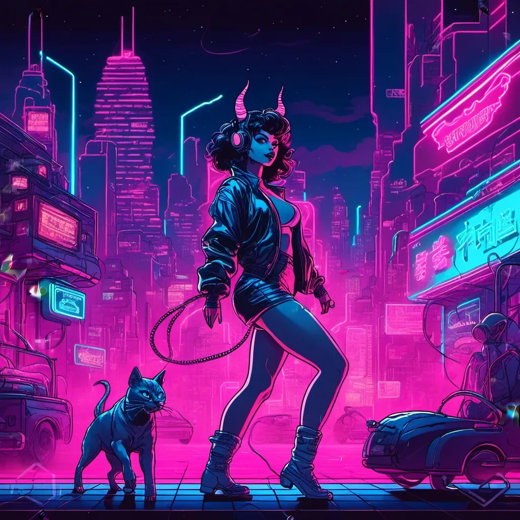 Prompt: a beautiful female demon in a dynamic pose in a retro futuristic synthwave cyberpunk neon paradise in <mymodel> style.  neon lighting, synthwave, cyber, futuristic city atmosphere. 