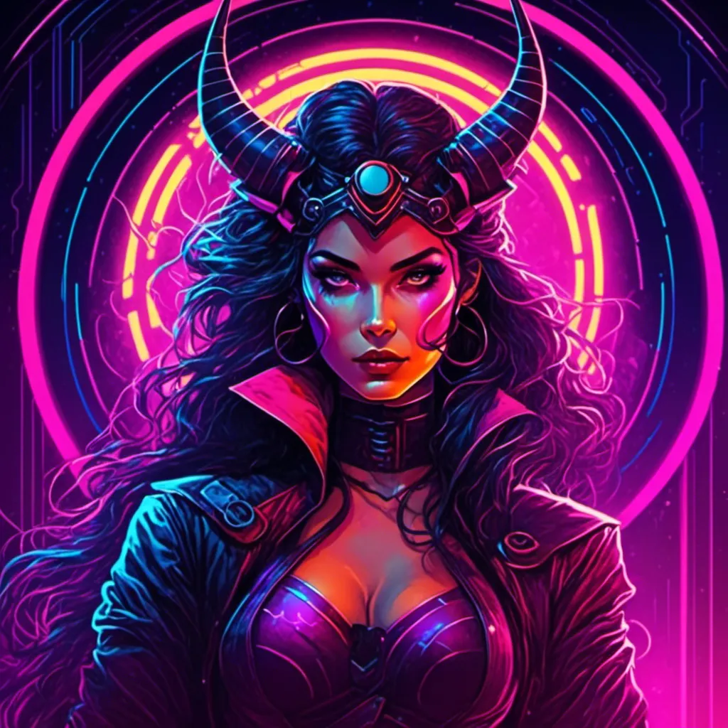 Prompt: a beautiful female demon in a dynamic pose in a retro futuristic synthwave cyberpunk neon paradise in <mymodel> style.  neon lighting, synthwave, cyber, futuristic city atmosphere. 