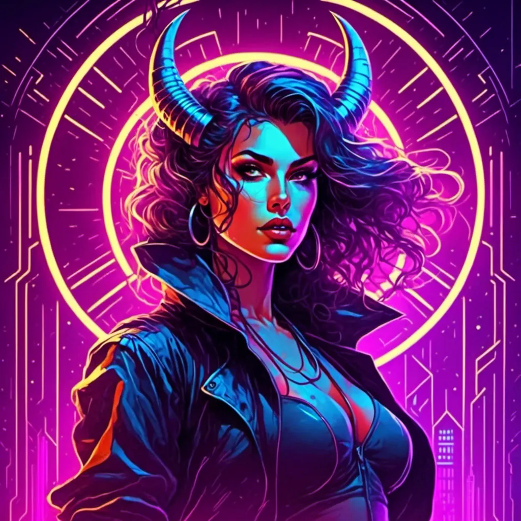 Prompt: a beautiful female demon in a dynamic pose in a retro futuristic synthwave cyberpunk neon paradise in <mymodel> style.  neon lighting, synthwave, cyber, futuristic city atmosphere. 