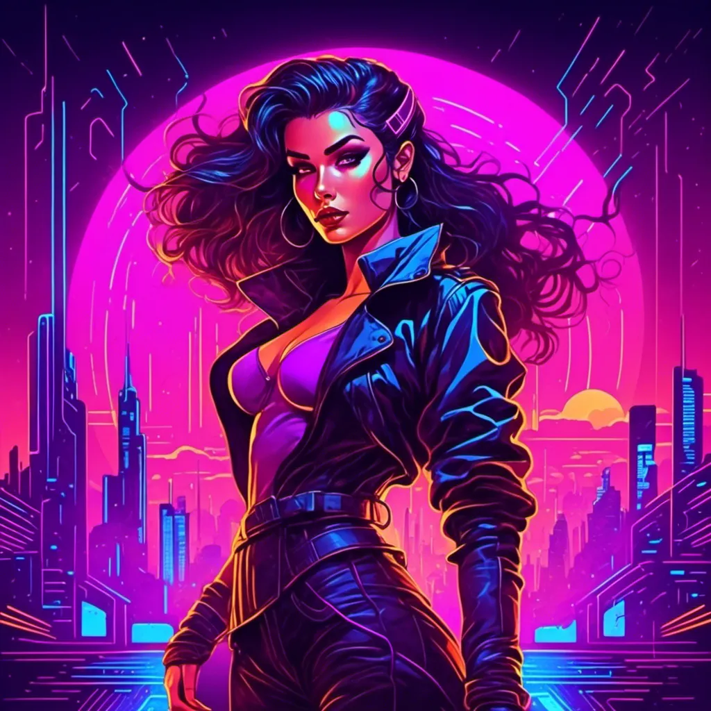 Prompt: a beautiful female demon in a dynamic pose in a retro futuristic synthwave cyberpunk neon paradise in <mymodel> style.  neon lighting, synthwave, cyber, futuristic city atmosphere. 