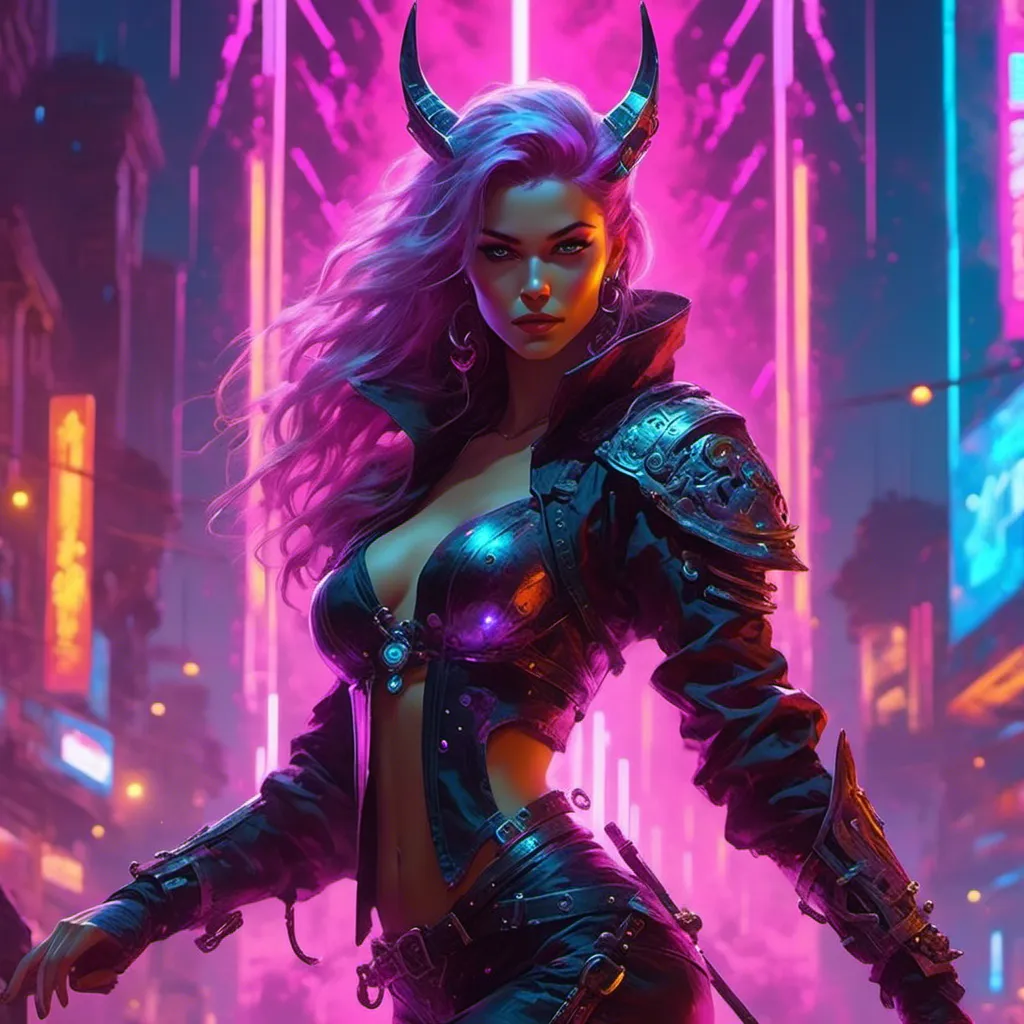 Prompt: a beautiful female demon in a dynamic pose in a retro futuristic synthwave cyberpunk neon paradise in <mymodel> style.  neon lighting, synthwave, cyber, futuristic city atmosphere. 