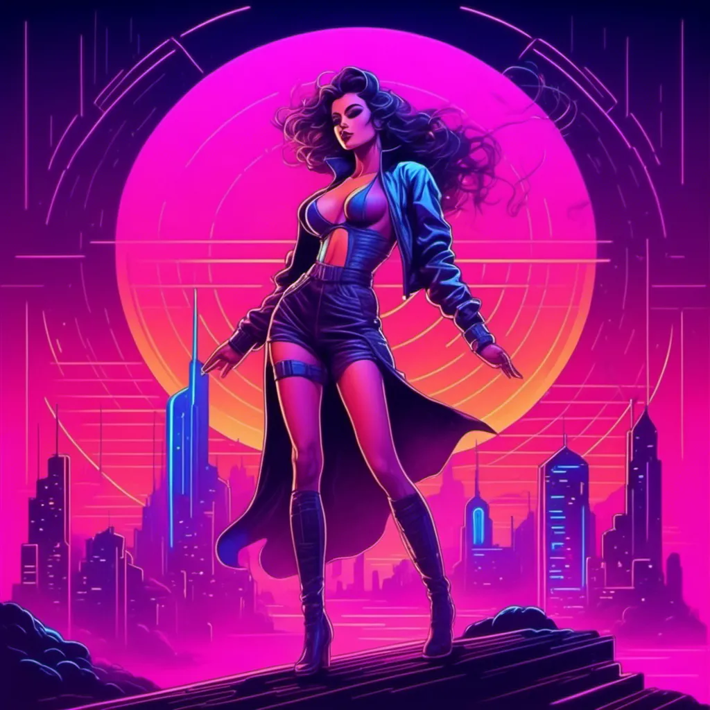 Prompt: a beautiful female demon in a dynamic pose in a retro futuristic synthwave cyberpunk neon paradise in <mymodel> style.  neon lighting, synthwave, cyber, futuristic city atmosphere. 