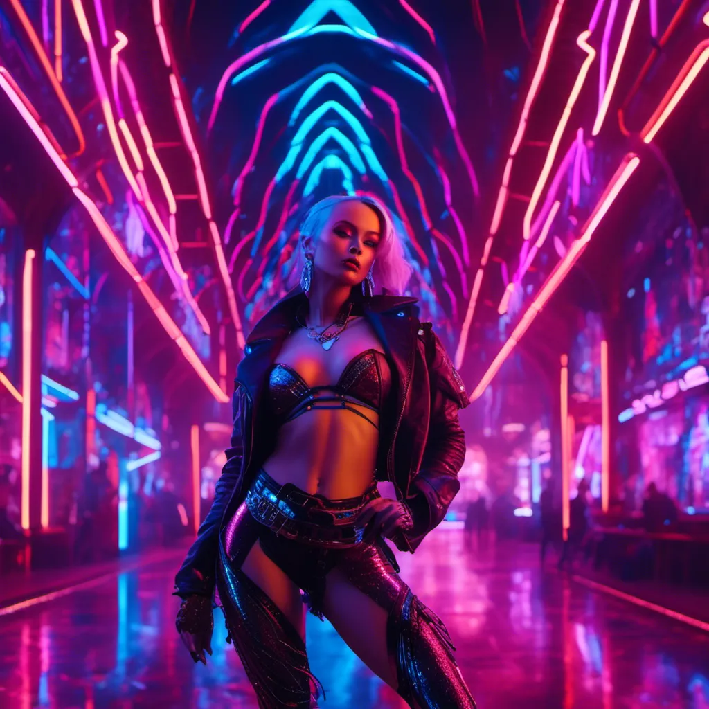 Prompt: a beautiful female demon in a dynamic pose in a retro futuristic synthwave cyberpunk neon paradise in <mymodel> style.  neon lighting, synthwave, cyber, futuristic city atmosphere. 