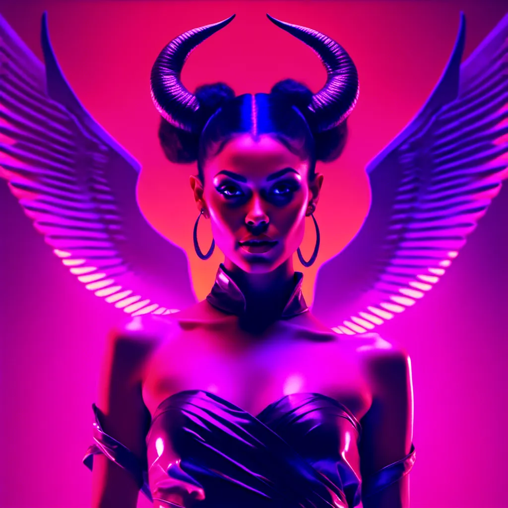 Prompt: <mymodel> a beautiful female demon in a dynamic pose in a retro futuristic synthwave cyberpunk neon paradise.  neon lighting, synthwave, cyber, retro, futuristic 