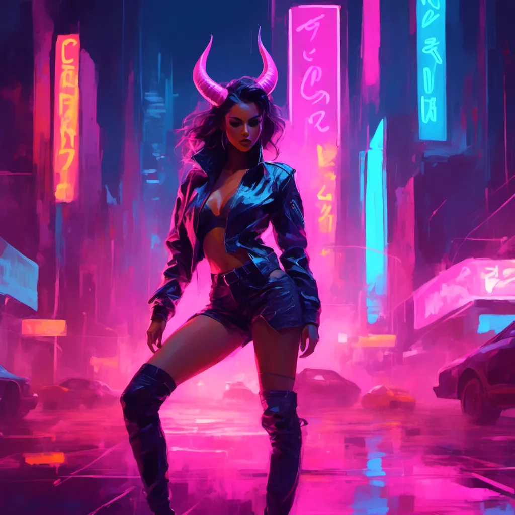 Prompt: a beautiful female demon in a dynamic pose in a retro futuristic synthwave cyberpunk neon paradise in <mymodel> style.  neon lighting, synthwave, cyber, retro, futuristic city atmosphere. 