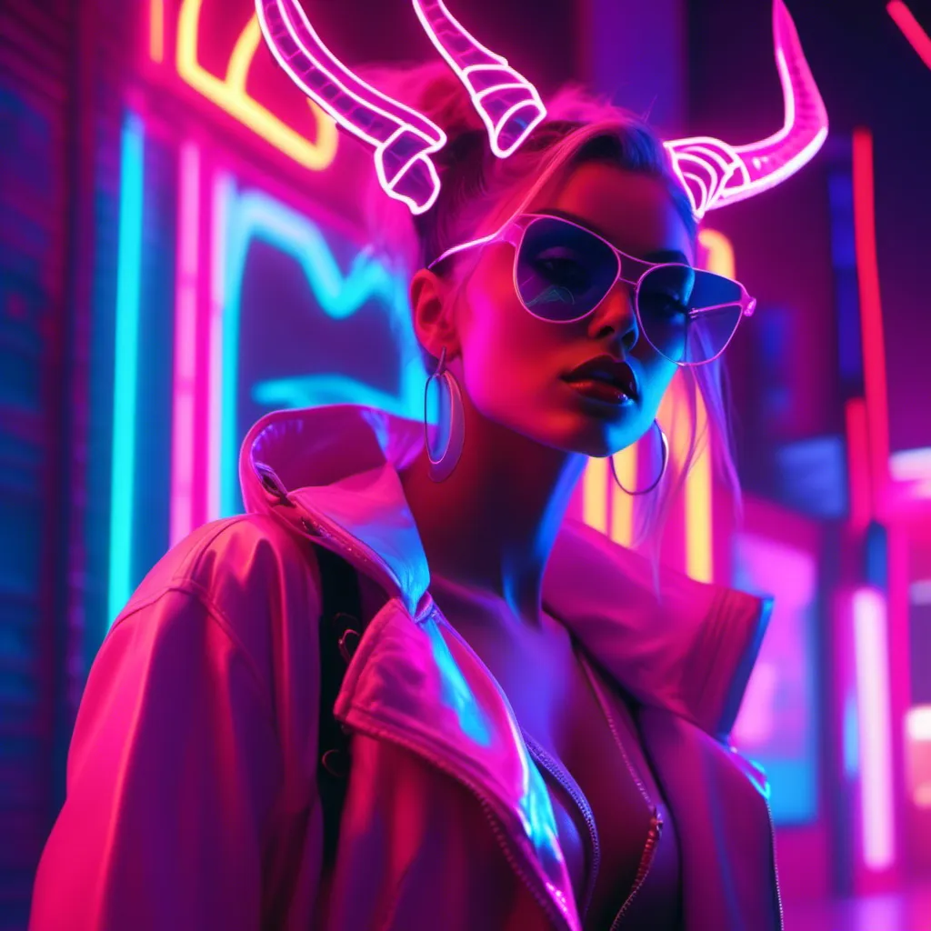 Prompt: a beautiful white female demon in a dynamic pose in a retro futuristic synthwave cyberpunk neon paradise in <mymodel> style.  neon lighting, synthwave, cyber, futuristic city atmosphere. 