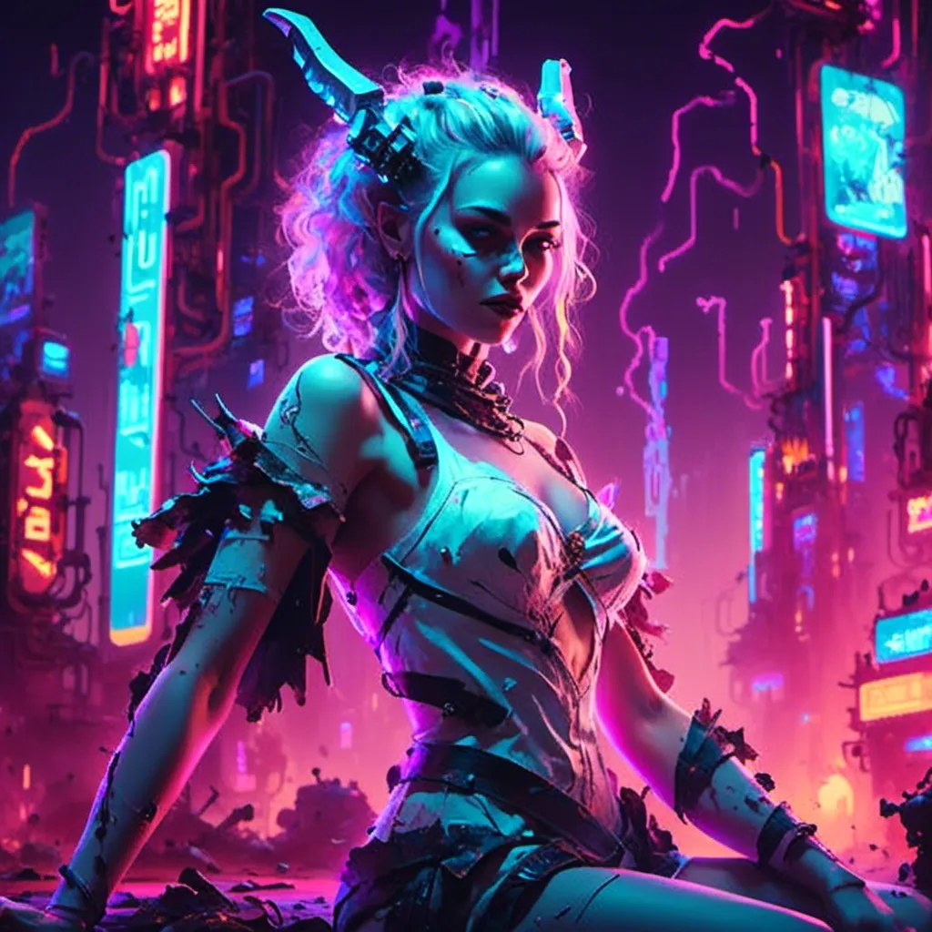 Prompt: a beautiful white female demon in a dynamic pose in a retro futuristic synthwave cyberpunk neon paradise in <mymodel> style.  neon lighting, synthwave, cyber, futuristic city atmosphere, art, illustrated, stylized. 