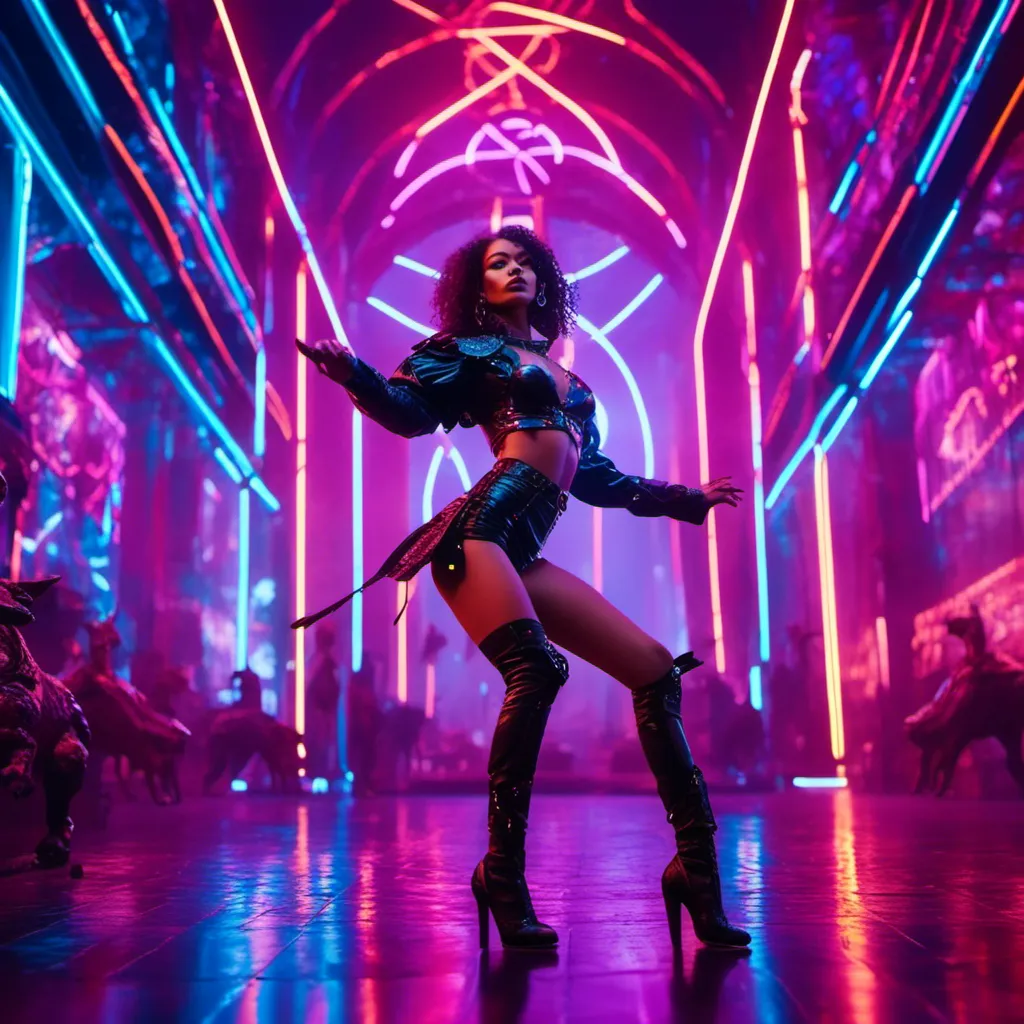 Prompt: a beautiful female demon in a dynamic pose in a retro futuristic synthwave cyberpunk neon paradise in <mymodel> style.  neon lighting, synthwave, cyber, futuristic city atmosphere. 