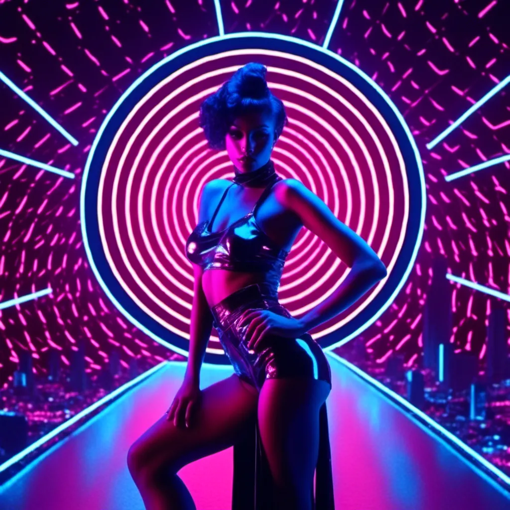 Prompt: a beautiful female demon in a dynamic pose in a retro futuristic synthwave cyberpunk neon paradise in <mymodel> style.  neon lighting, synthwave, cyber, futuristic city atmosphere. 