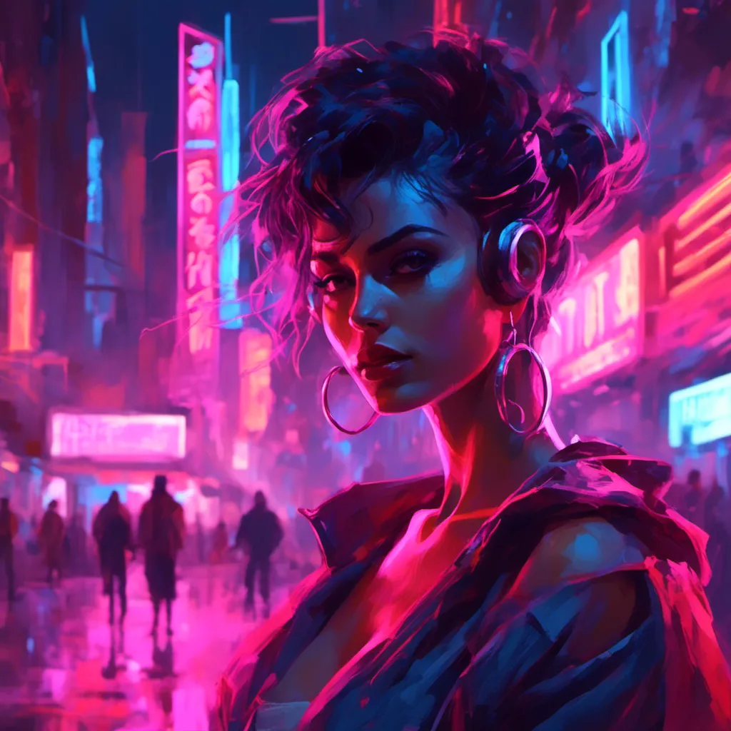 Prompt: a beautiful female demon in a dynamic pose in a retro futuristic synthwave cyberpunk neon paradise in <mymodel> style.  neon lighting, synthwave, cyber, retro, futuristic city atmosphere. 