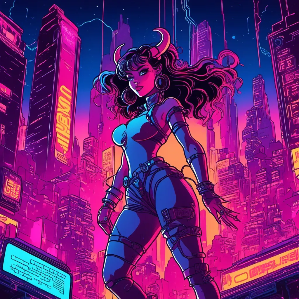 Prompt: a beautiful female demon in a dynamic pose in a retro futuristic synthwave cyberpunk neon paradise in <mymodel> style.  neon lighting, synthwave, cyber, futuristic city atmosphere. 