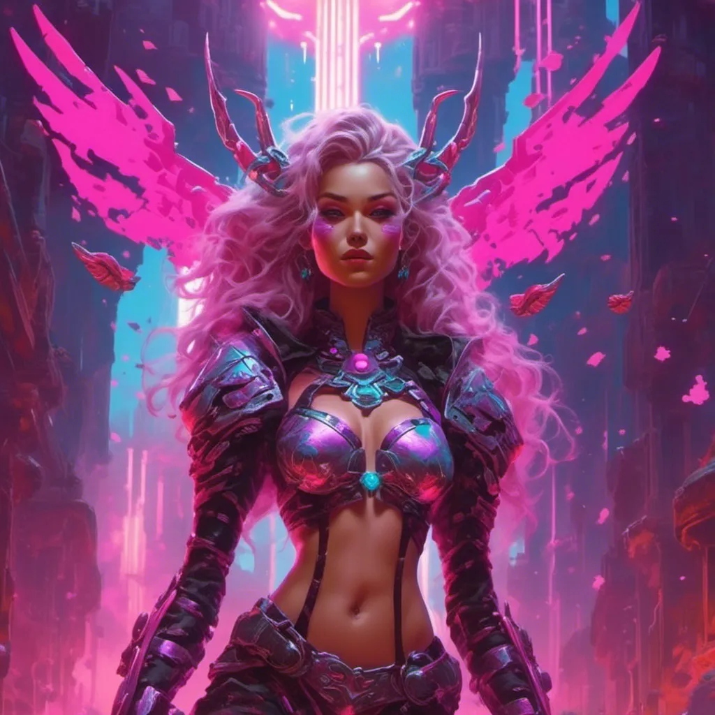 Prompt: a beautiful female demon in a dynamic pose in a retro futuristic synthwave cyberpunk neon paradise in <mymodel> style.  neon lighting, synthwave, cyber, futuristic city atmosphere. 