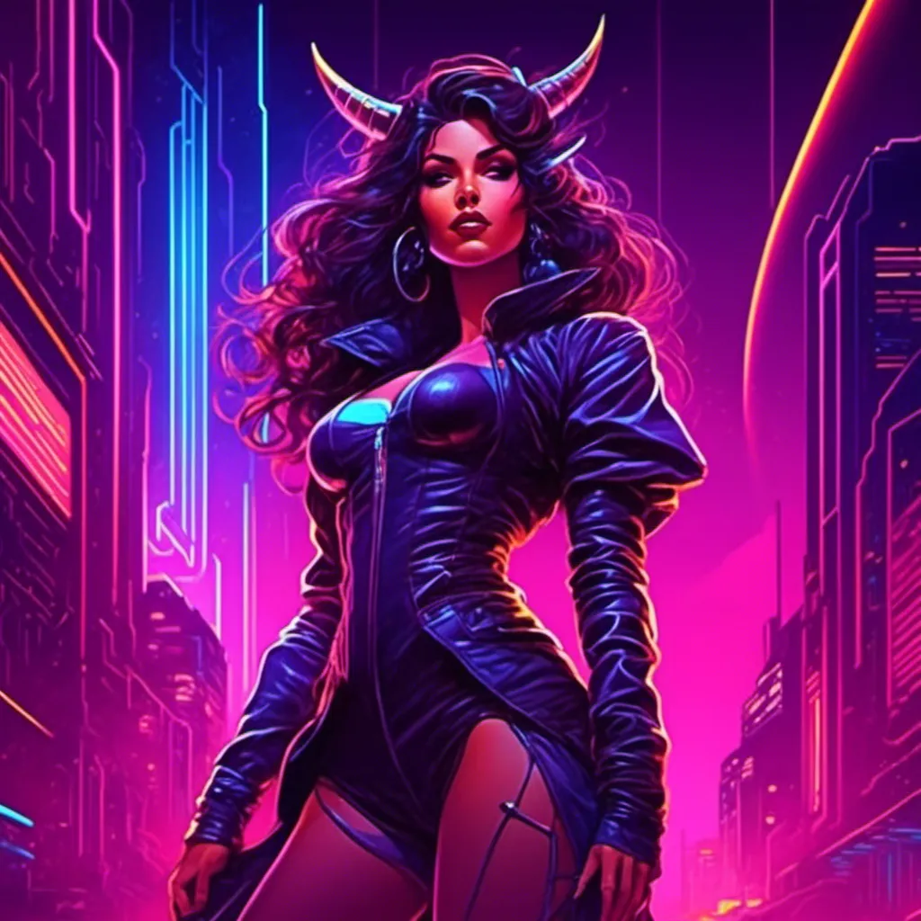 Prompt: a beautiful female demon in a dynamic pose in a retro futuristic synthwave cyberpunk neon paradise in <mymodel> style.  neon lighting, synthwave, cyber, futuristic city atmosphere. 