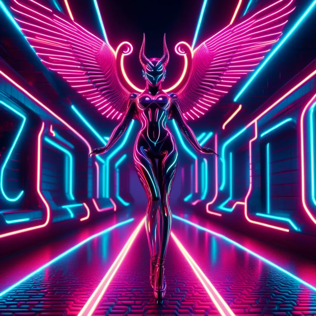 Prompt: <mymodel> a beautiful female demon in a dynamic pose in a retro futuristic synthwave cyberpunk neon paradise.  neon lighting, synthwave, cyber, retro, futuristic 