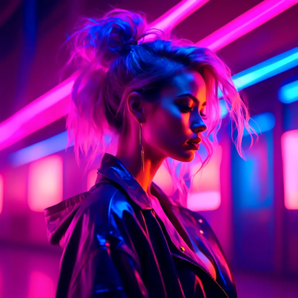 Prompt: <mymodel> a beautiful female demon in a dynamic pose in a retro futuristic synthwave cyberpunk neon paradise.  neon lighting, synthwave, cyber, retro, futuristic 