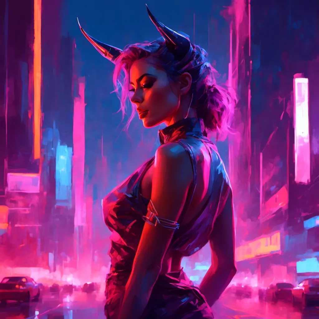 Prompt: a beautiful female demon in a dynamic pose in a retro futuristic synthwave cyberpunk neon paradise in <mymodel> style.  neon lighting, synthwave, cyber, retro, futuristic city atmosphere. 