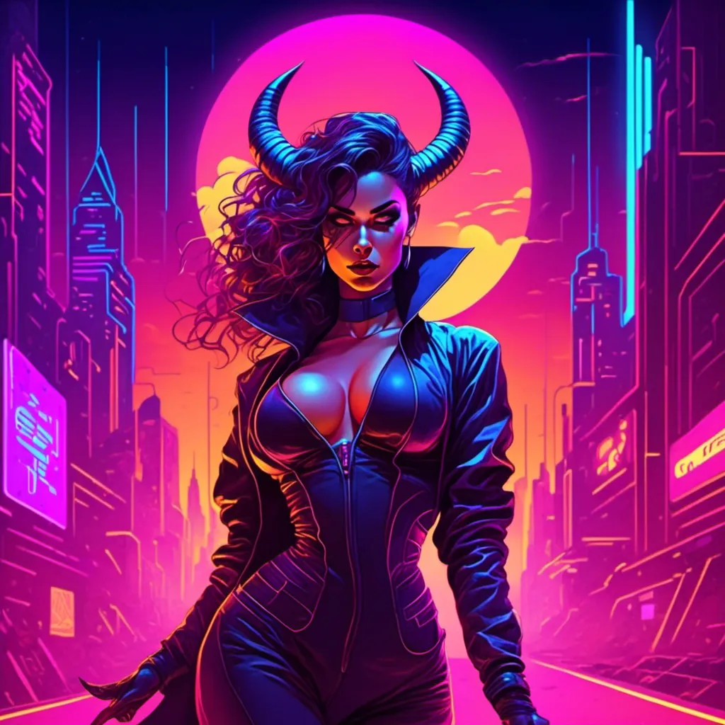 Prompt: a beautiful female demon in a dynamic pose in a retro futuristic synthwave cyberpunk neon paradise in <mymodel> style.  neon lighting, synthwave, cyber, futuristic city atmosphere. 