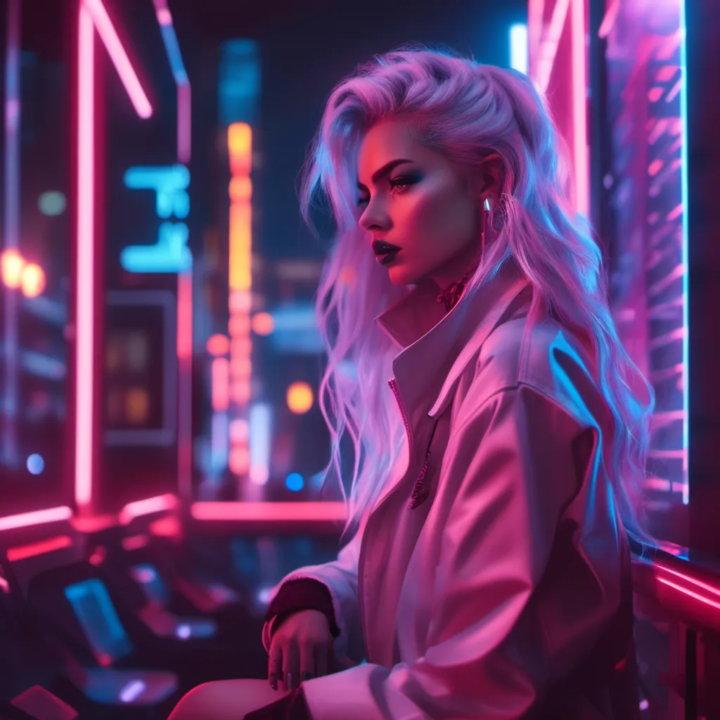 Prompt: a beautiful white female demon in a dynamic pose in a retro futuristic synthwave cyberpunk neon paradise in <mymodel> style.  neon lighting, synthwave, cyber, futuristic city atmosphere. 