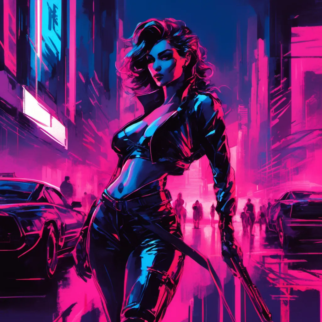 Prompt: Modern sumi-e speed style, dynamic brush strokes, a beautiful female demon in a dynamic pose in a retro futuristic synthwave cyberpunk neon paradise in <mymodel> style.  neon lighting, synthwave, cyber, futuristic city atmosphere, art, illustrated, stylized. 