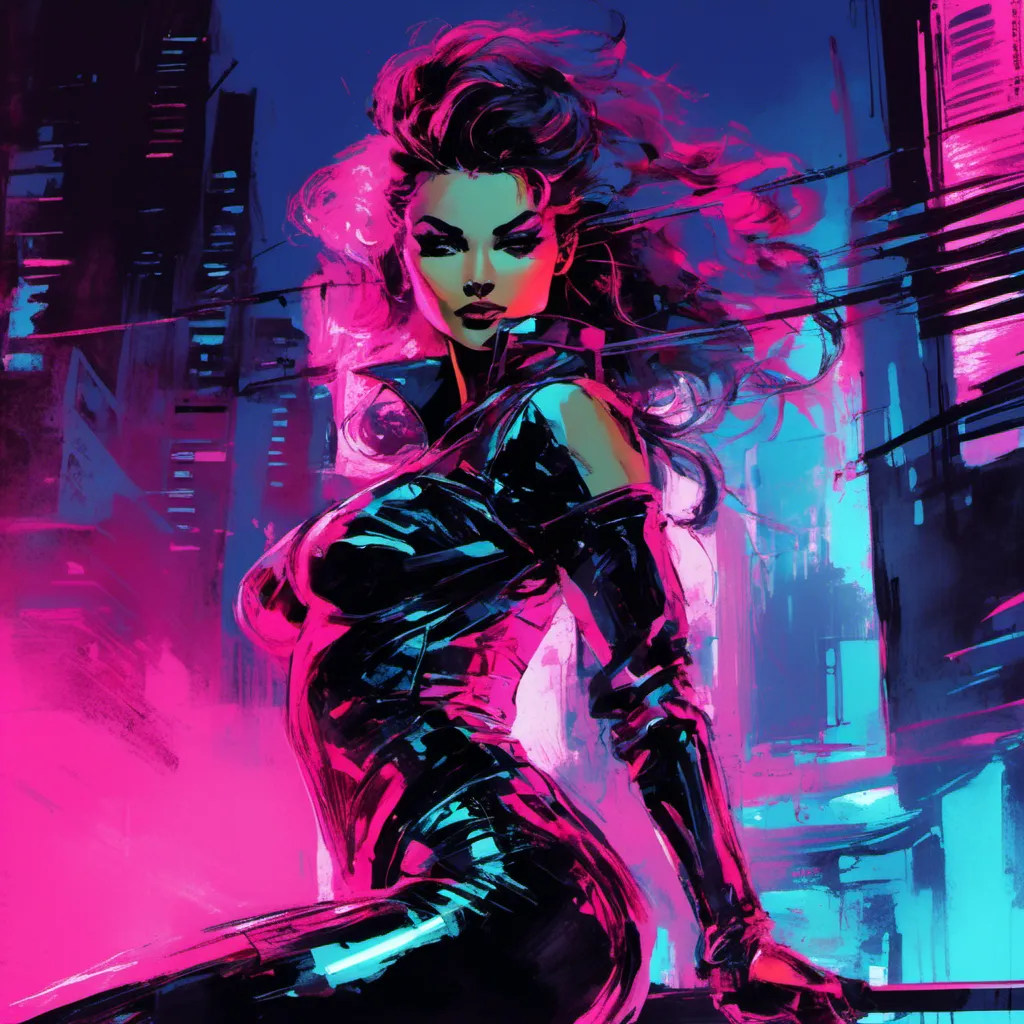 Prompt: Modern sumi-e speed style, dynamic brush strokes, a beautiful female demon in a dynamic pose in a retro futuristic synthwave cyberpunk neon paradise in <mymodel> style.  neon lighting, synthwave, cyber, futuristic city atmosphere, art, illustrated, stylized. 