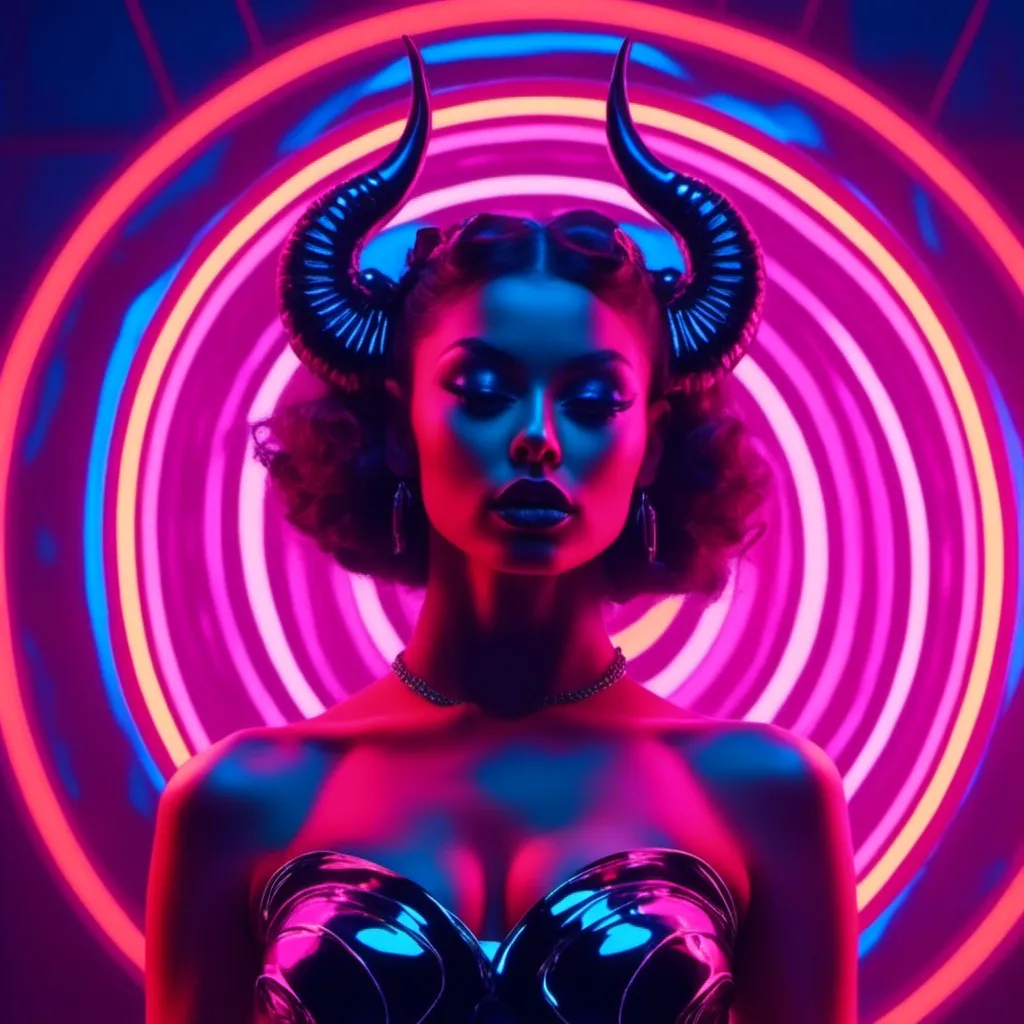 Prompt: a beautiful female demon in a dynamic pose in a retro futuristic synthwave cyberpunk neon paradise in <mymodel> style.  neon lighting, synthwave, cyber, futuristic city atmosphere. 