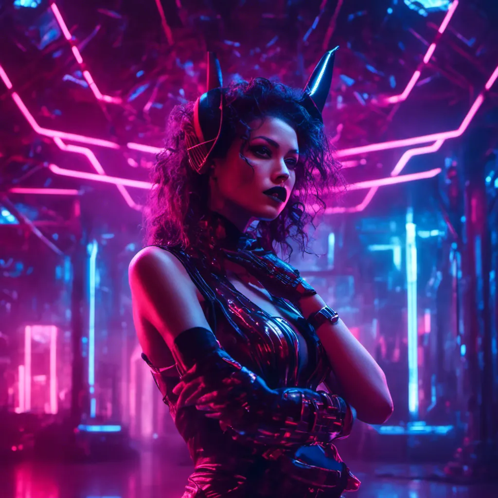 Prompt: a beautiful female demon in a dynamic pose in a retro futuristic synthwave cyberpunk neon paradise in <mymodel> style.  neon lighting, synthwave, cyber, retro, futuristic city atmosphere. 