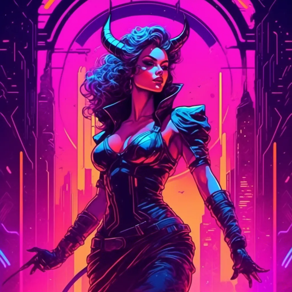 Prompt: a beautiful female demon in a dynamic pose in a retro futuristic synthwave cyberpunk neon paradise in <mymodel> style.  neon lighting, synthwave, cyber, futuristic city atmosphere. 