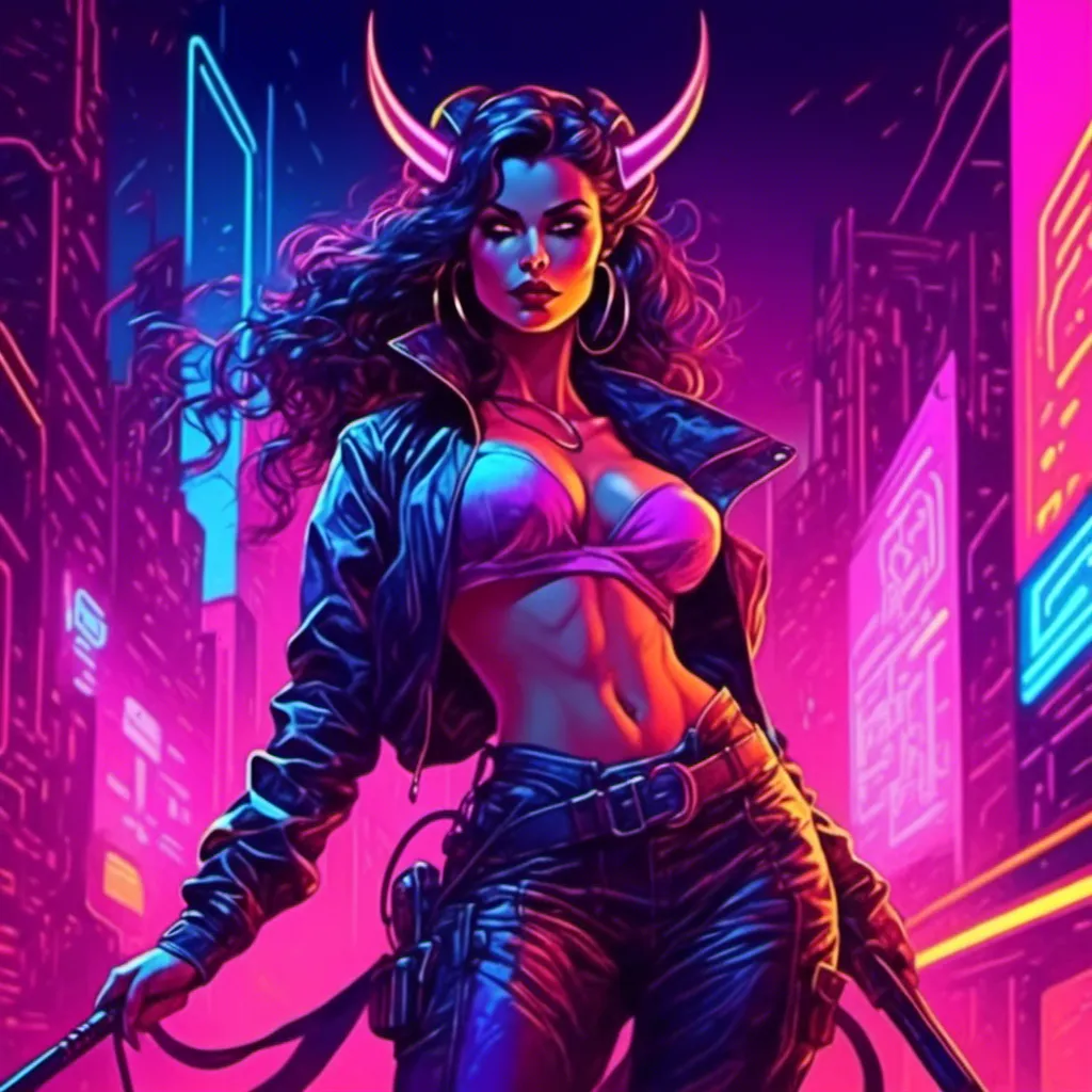 Prompt: a beautiful female demon in a dynamic pose in a retro futuristic synthwave cyberpunk neon paradise in <mymodel> style.  neon lighting, synthwave, cyber, futuristic city atmosphere. 