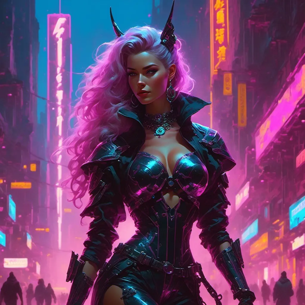 Prompt: a beautiful female demon in a dynamic pose in a retro futuristic synthwave cyberpunk neon paradise in <mymodel> style.  neon lighting, synthwave, cyber, futuristic city atmosphere. 