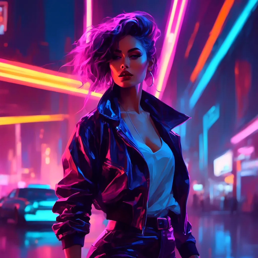 Prompt: a beautiful female demon in a dynamic pose in a retro futuristic synthwave cyberpunk neon paradise in <mymodel> style.  neon lighting, synthwave, cyber, retro, futuristic city atmosphere. 