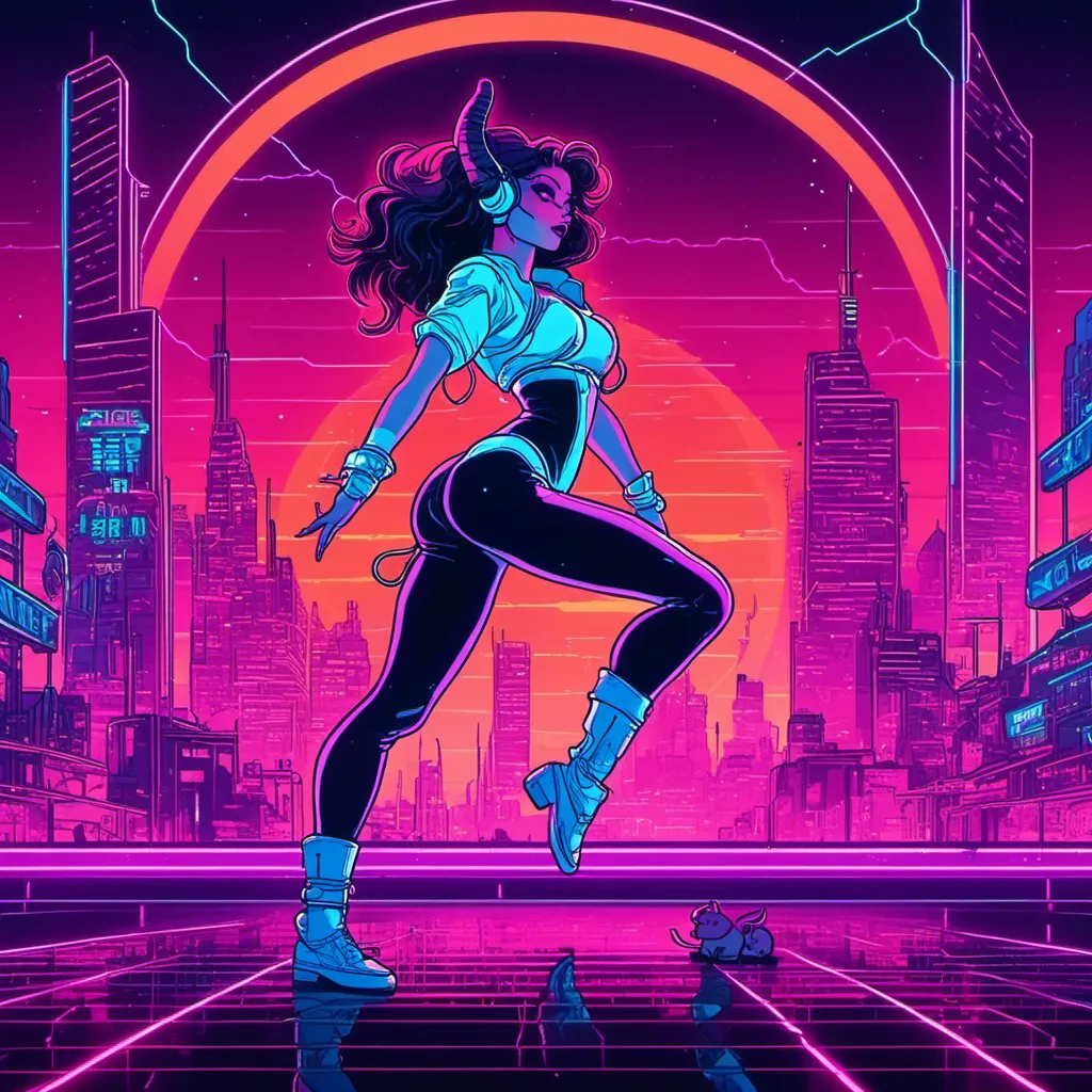 Prompt: a beautiful female demon in a dynamic pose in a retro futuristic synthwave cyberpunk neon paradise in <mymodel> style.  neon lighting, synthwave, cyber, futuristic city atmosphere. 