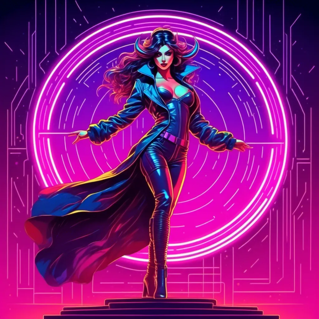 Prompt: a beautiful female demon in a dynamic pose in a retro futuristic synthwave cyberpunk neon paradise in <mymodel> style.  neon lighting, synthwave, cyber, futuristic city atmosphere. 