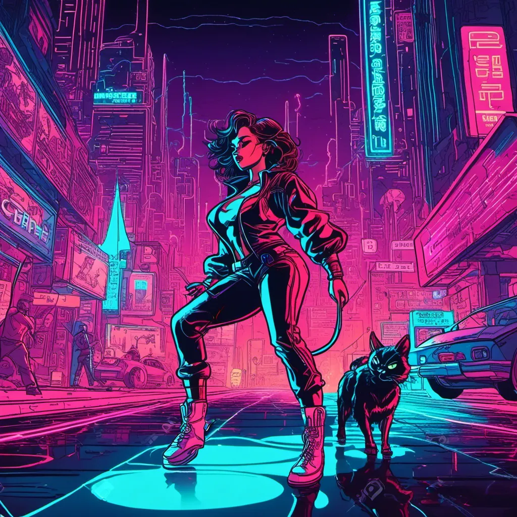 Prompt: a beautiful female demon in a dynamic pose in a retro futuristic synthwave cyberpunk neon paradise in <mymodel> style.  neon lighting, synthwave, cyber, futuristic city atmosphere. 