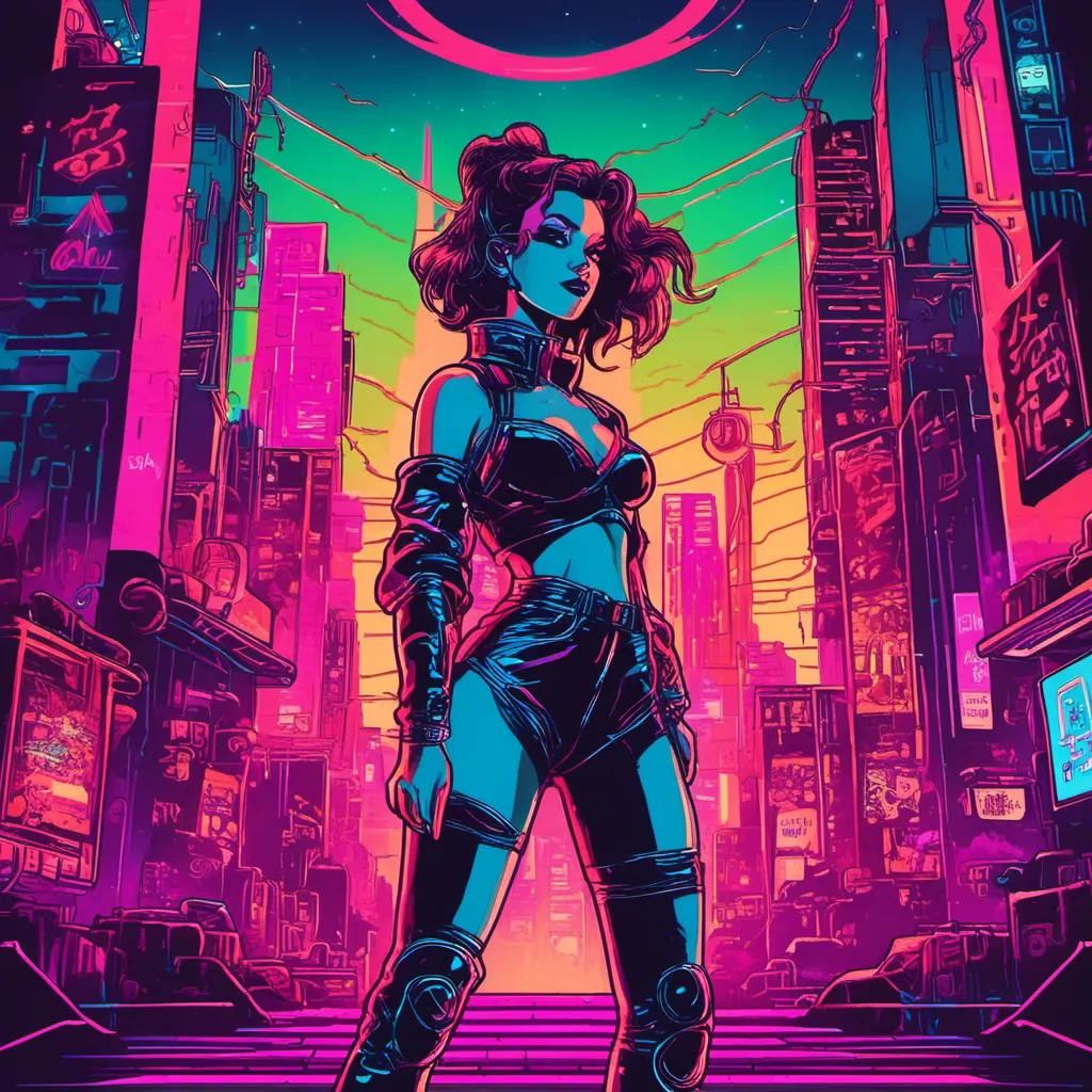 Prompt: a beautiful female demon in a dynamic pose in a retro futuristic synthwave cyberpunk neon paradise in <mymodel> style.  neon lighting, synthwave, cyber, futuristic city atmosphere. 