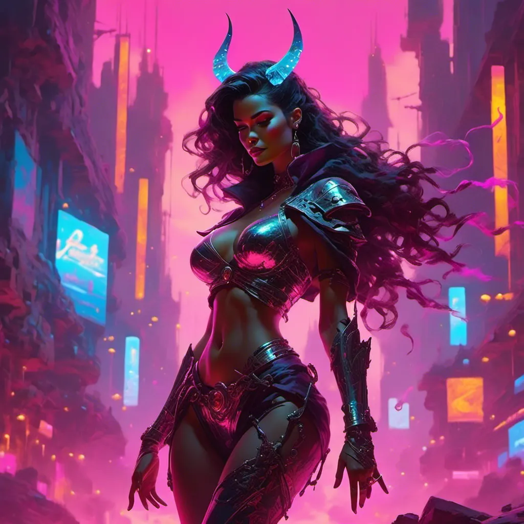 Prompt: a beautiful female demon in a dynamic pose in a retro futuristic synthwave cyberpunk neon paradise in <mymodel> style.  neon lighting, synthwave, cyber, futuristic city atmosphere. 