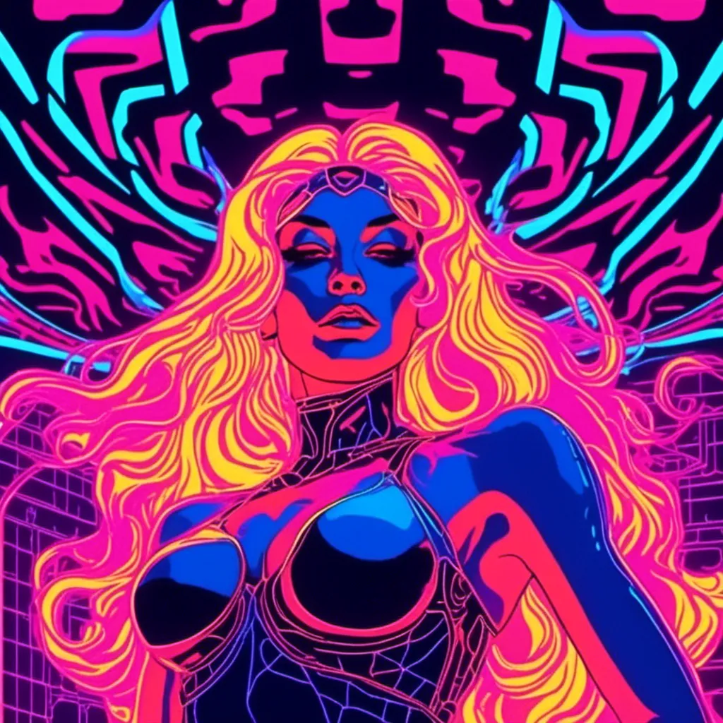 Prompt: a beautiful female demon in a dynamic pose in a retro futuristic synthwave cyberpunk neon paradise in <mymodel> style.  neon lighting, synthwave, cyber, futuristic city atmosphere. 