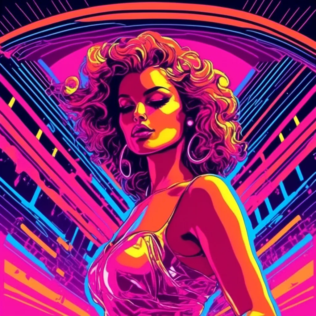 Prompt: a beautiful female demon in a dynamic pose in a retro futuristic synthwave cyberpunk neon paradise in <mymodel> style.  neon lighting, synthwave, cyber, futuristic city atmosphere. 