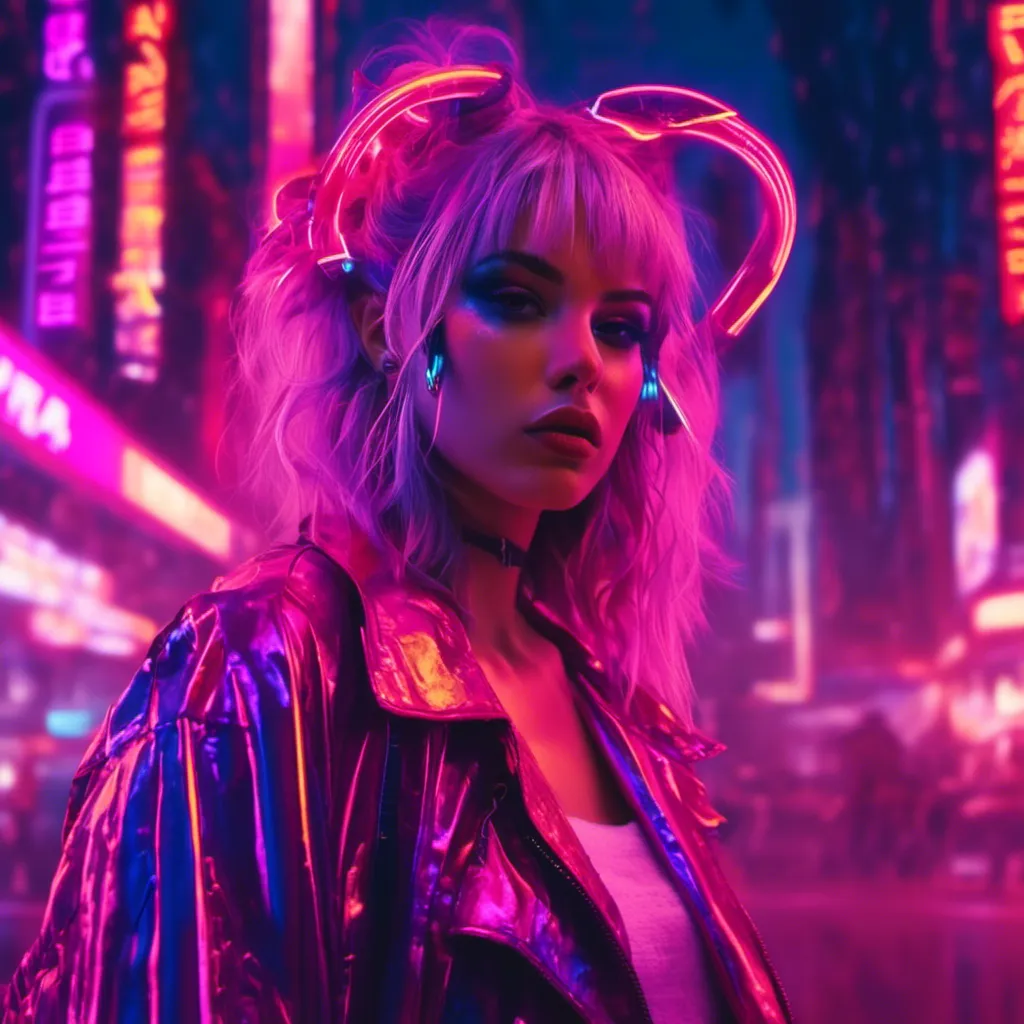 Prompt: a beautiful female demon in a dynamic pose in a retro futuristic synthwave cyberpunk neon paradise in <mymodel> style.  neon lighting, synthwave, cyber, futuristic city atmosphere. 