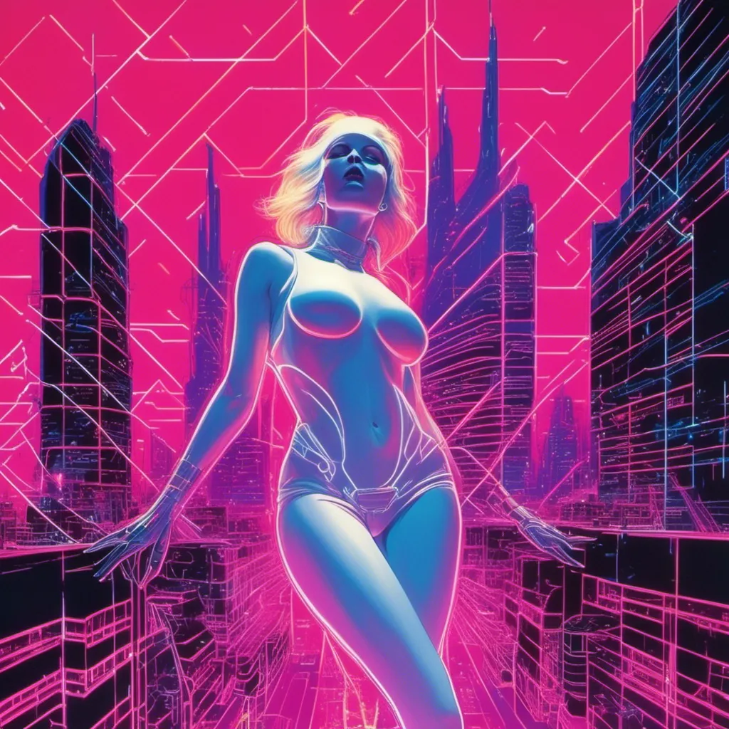 Prompt: a beautiful white female demon in a dynamic pose in a retro futuristic synthwave cyberpunk neon paradise in <mymodel> style.  neon lighting, synthwave, cyber, futuristic city atmosphere, art, illustrated, stylized. 