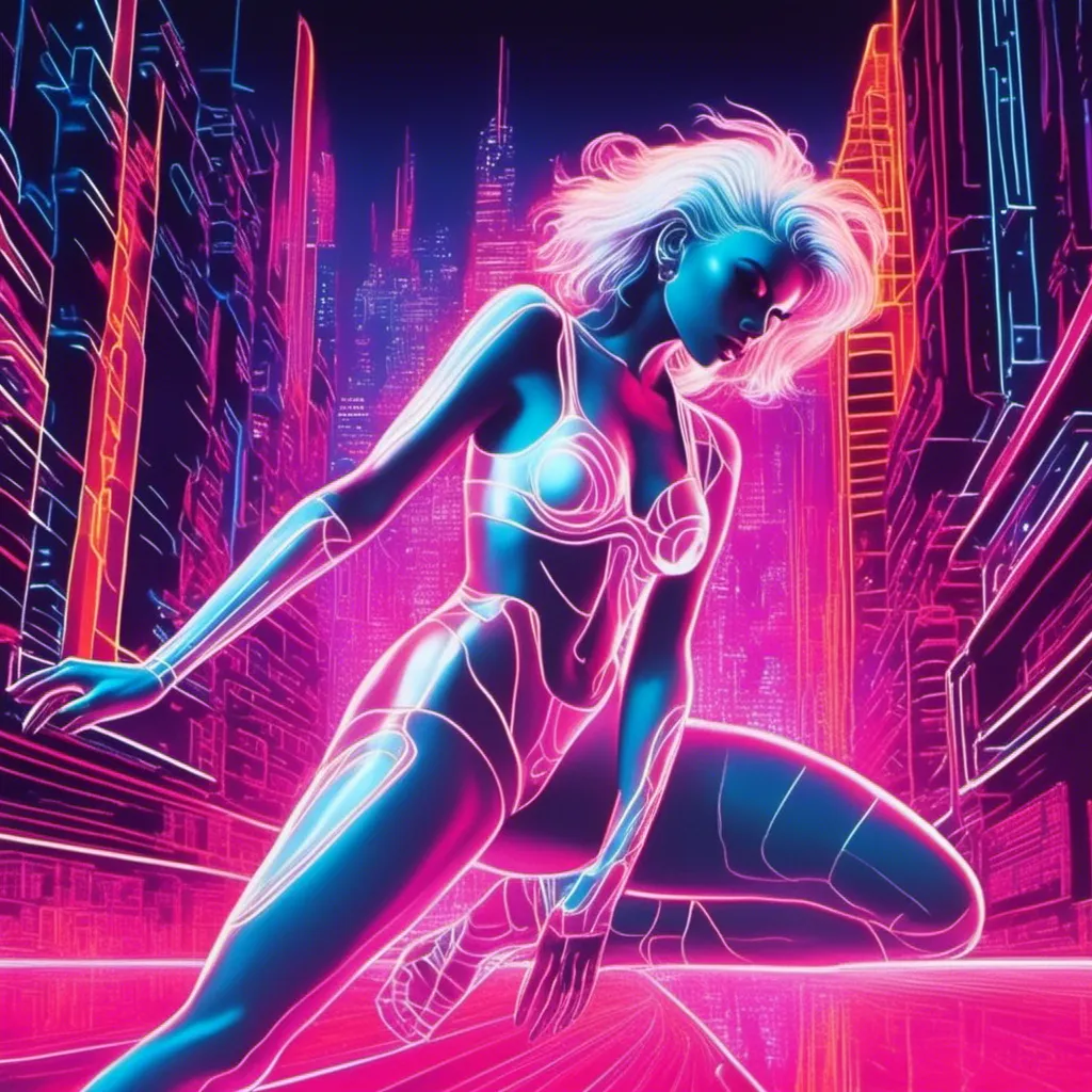 Prompt: a beautiful white female demon in a dynamic pose in a retro futuristic synthwave cyberpunk neon paradise in <mymodel> style.  neon lighting, synthwave, cyber, futuristic city atmosphere, art, illustrated, stylized. 