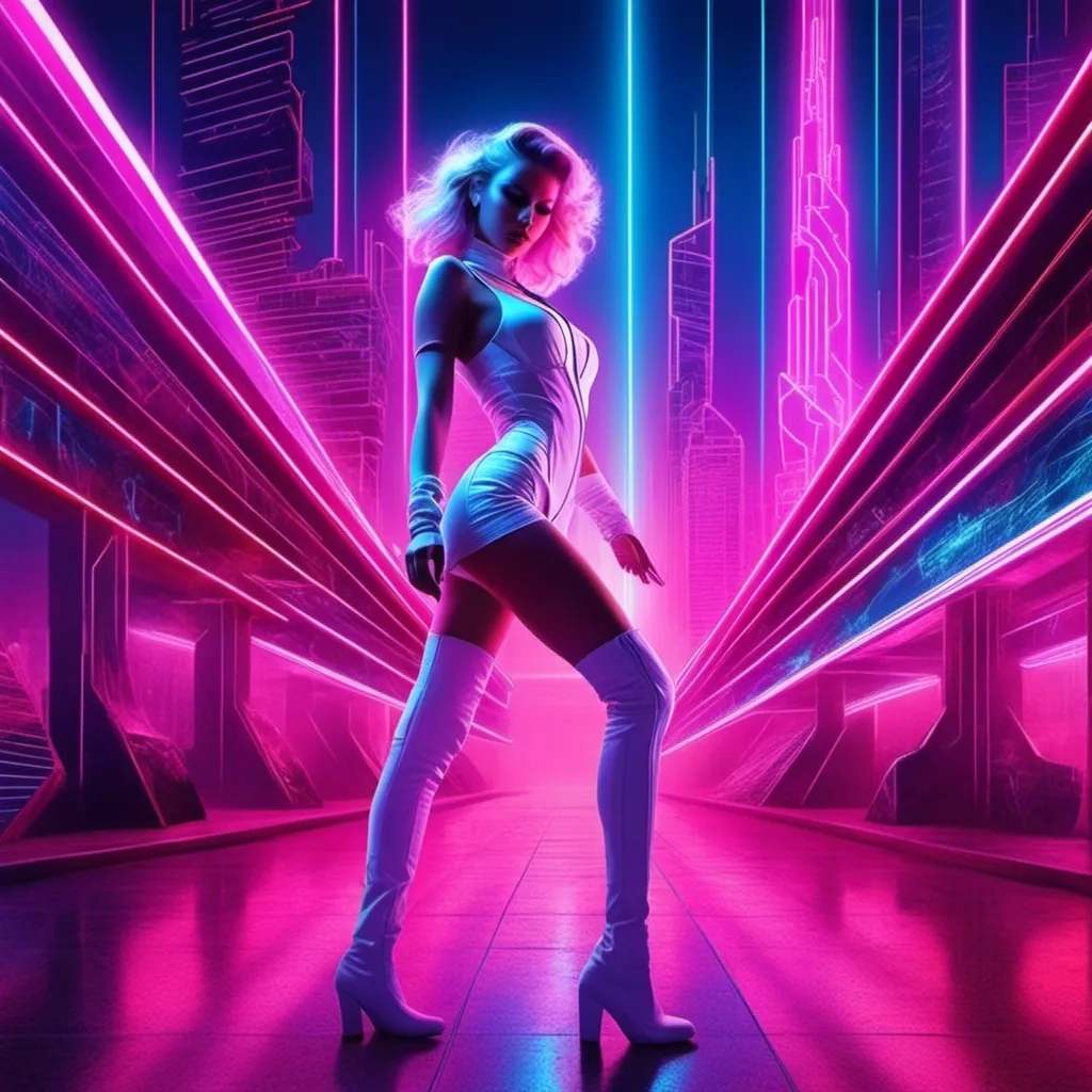 Prompt: a beautiful white female demon in a dynamic pose in a retro futuristic synthwave cyberpunk neon paradise in <mymodel> style.  neon lighting, synthwave, cyber, futuristic city atmosphere, art, illustrated, stylized. 