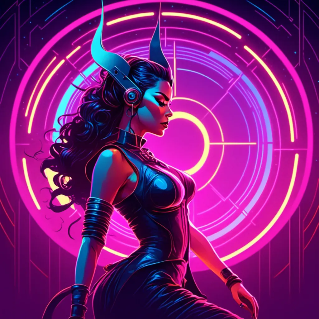 Prompt: a beautiful female demon in a dynamic pose in a retro futuristic synthwave cyberpunk neon paradise in <mymodel> style.  neon lighting, synthwave, cyber, futuristic city atmosphere. 