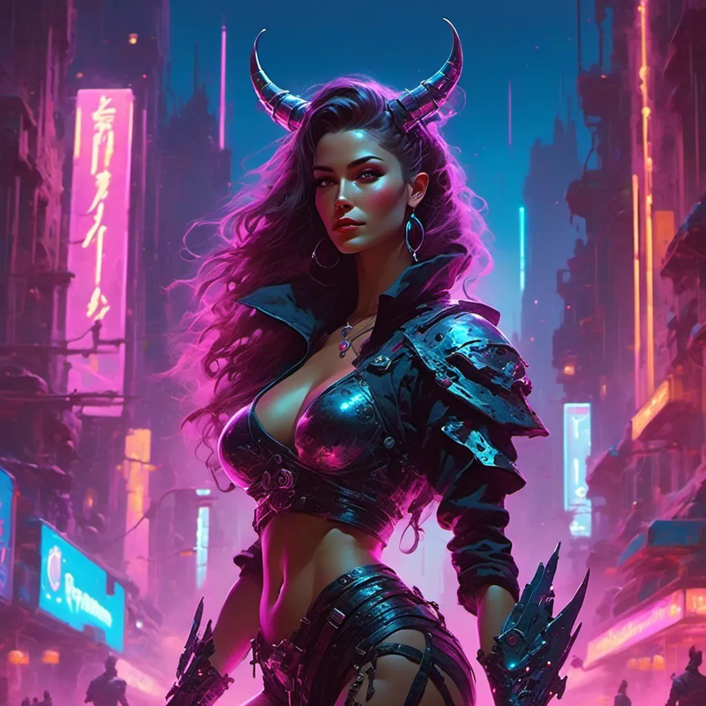 Prompt: a beautiful female demon in a dynamic pose in a retro futuristic synthwave cyberpunk neon paradise in <mymodel> style.  neon lighting, synthwave, cyber, futuristic city atmosphere. 