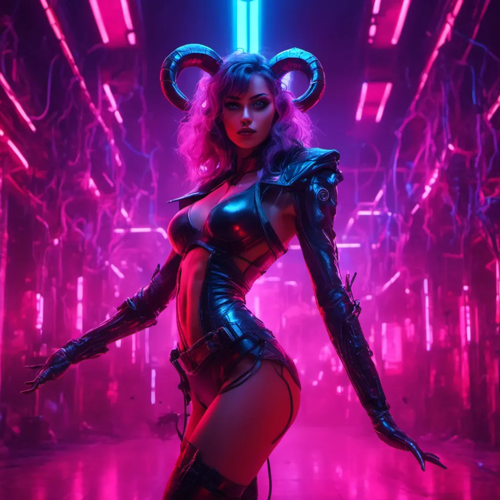 Prompt: a beautiful female demon in a dynamic pose in a retro futuristic synthwave cyberpunk neon paradise in <mymodel> style.  neon lighting, synthwave, cyber, retro, futuristic city atmosphere. 