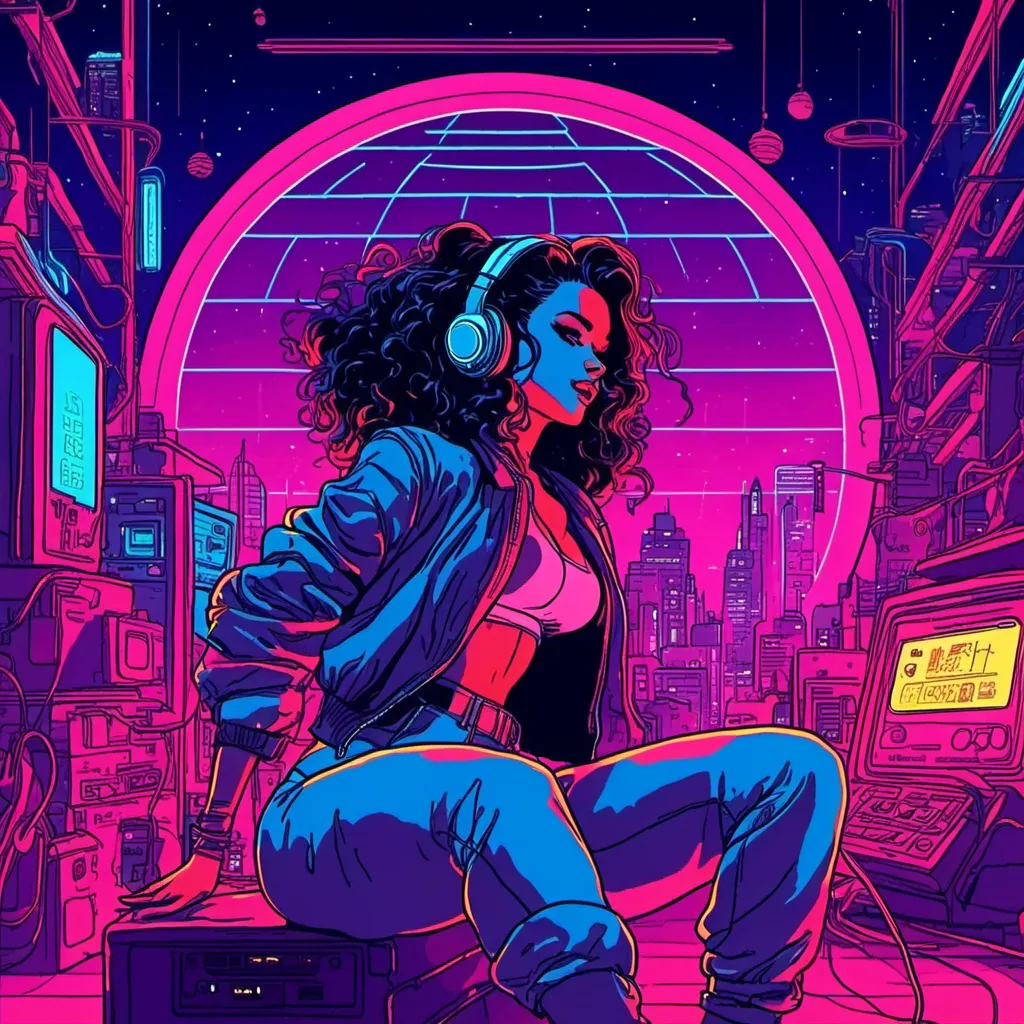 Prompt: <mymodel> a beautiful female demon in a dynamic pose in a retro futuristic synthwave cyberpunk neon paradise.  neon lighting, synthwave, cyber, retro, futuristic 